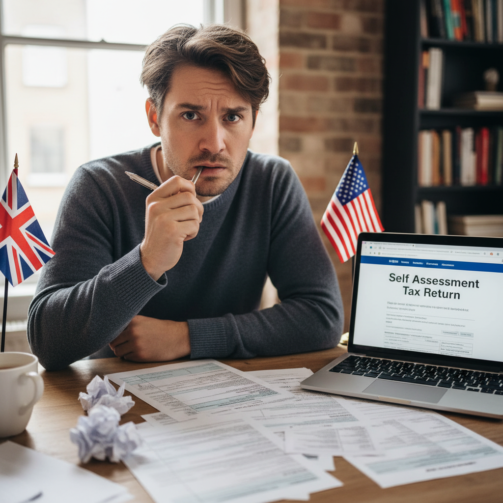 A perplexed American expat in the UK, sitting at a desk with tax forms and a laptop, surrounded by subtle UK and US flags, looking confused but determined. Photorealistic, soft natural lighting.