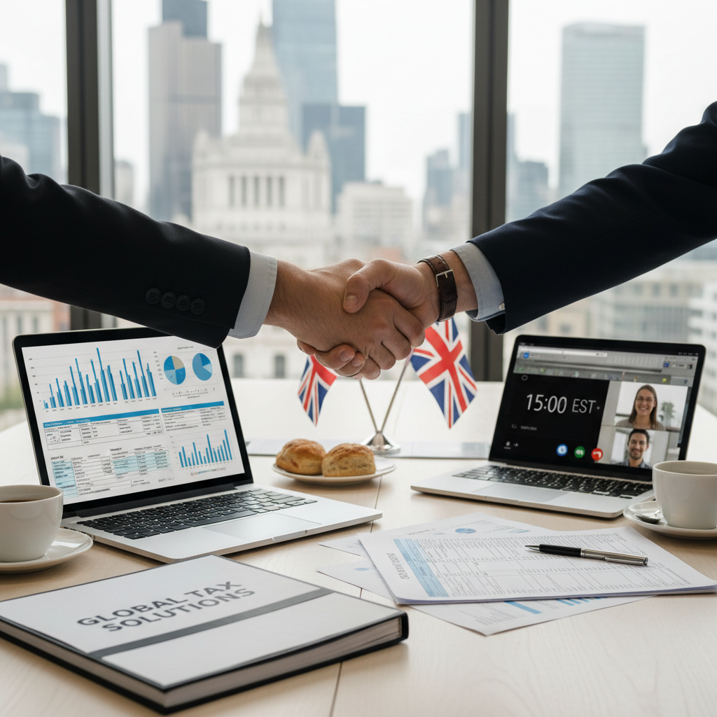 Two hands shaking over a table filled with financial documents and a laptop showing charts, symbolizing a client consulting with a professional tax advisor. The setting is modern and professional, with a subtle hint of transatlantic collaboration. Photorealistic.