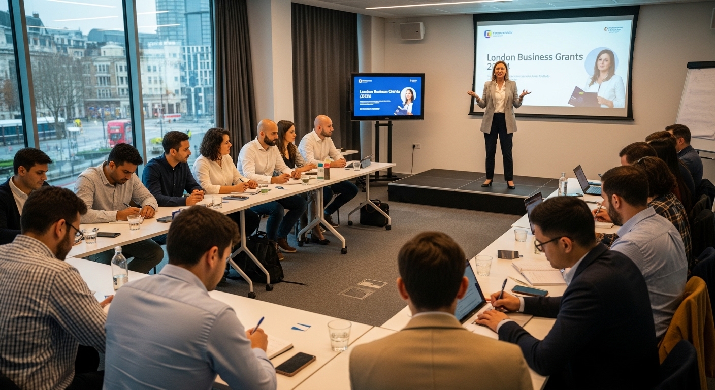 A diverse group of entrepreneurs attending a business grant workshop in London, actively taking notes and networking, with a presenter on stage. Photorealistic, vibrant colors.