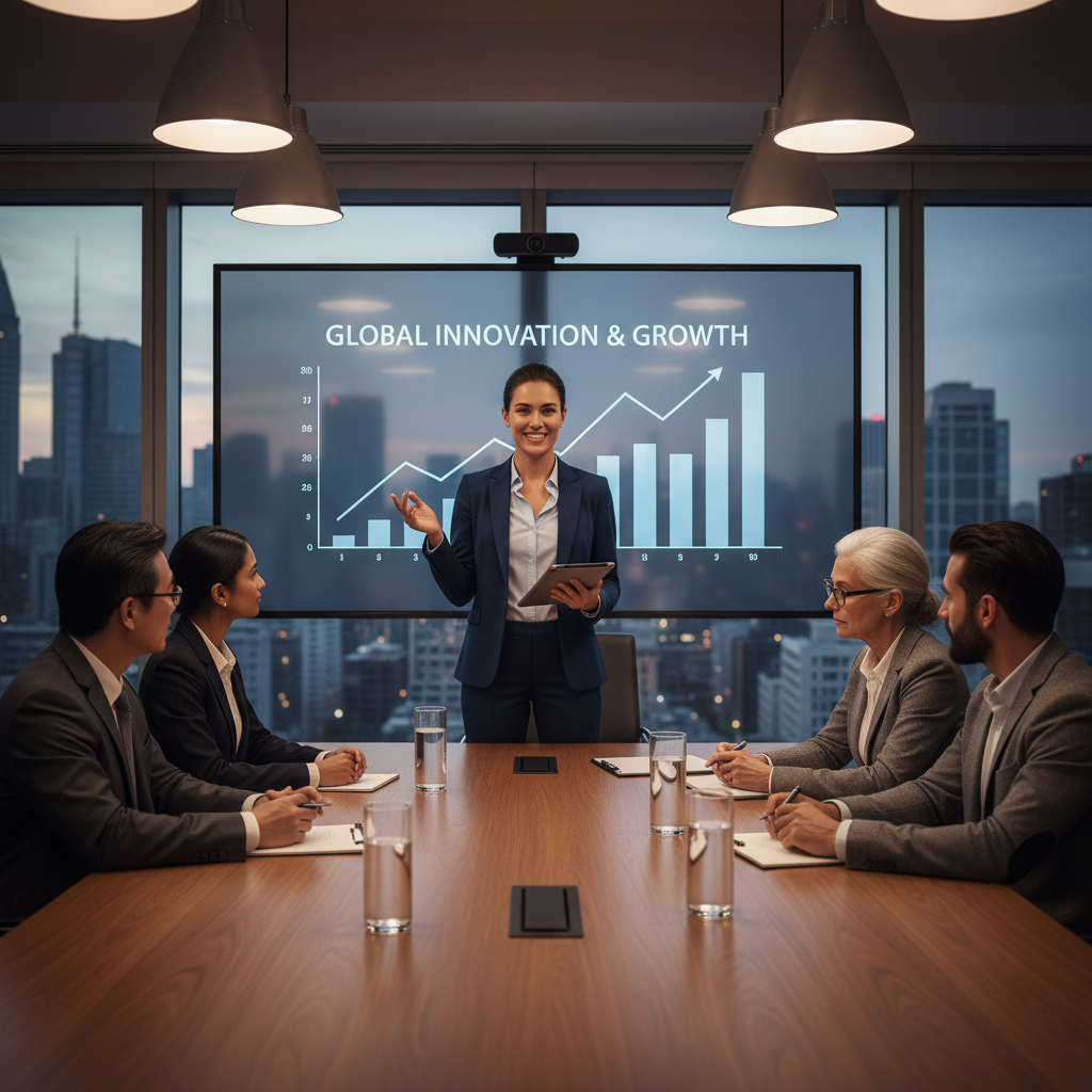 An expat entrepreneur confidently presenting a business pitch to a panel of diverse investors in a modern, well-lit boardroom. Photorealistic, professional atmosphere.