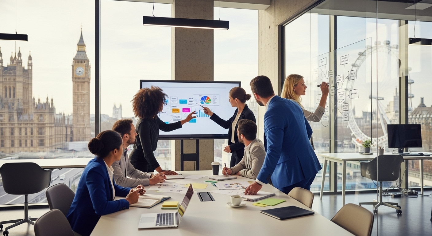 A diverse group of business professionals in a modern, collaborative office space, brainstorming innovative ideas, with UK landmarks subtly in the background, photorealistic