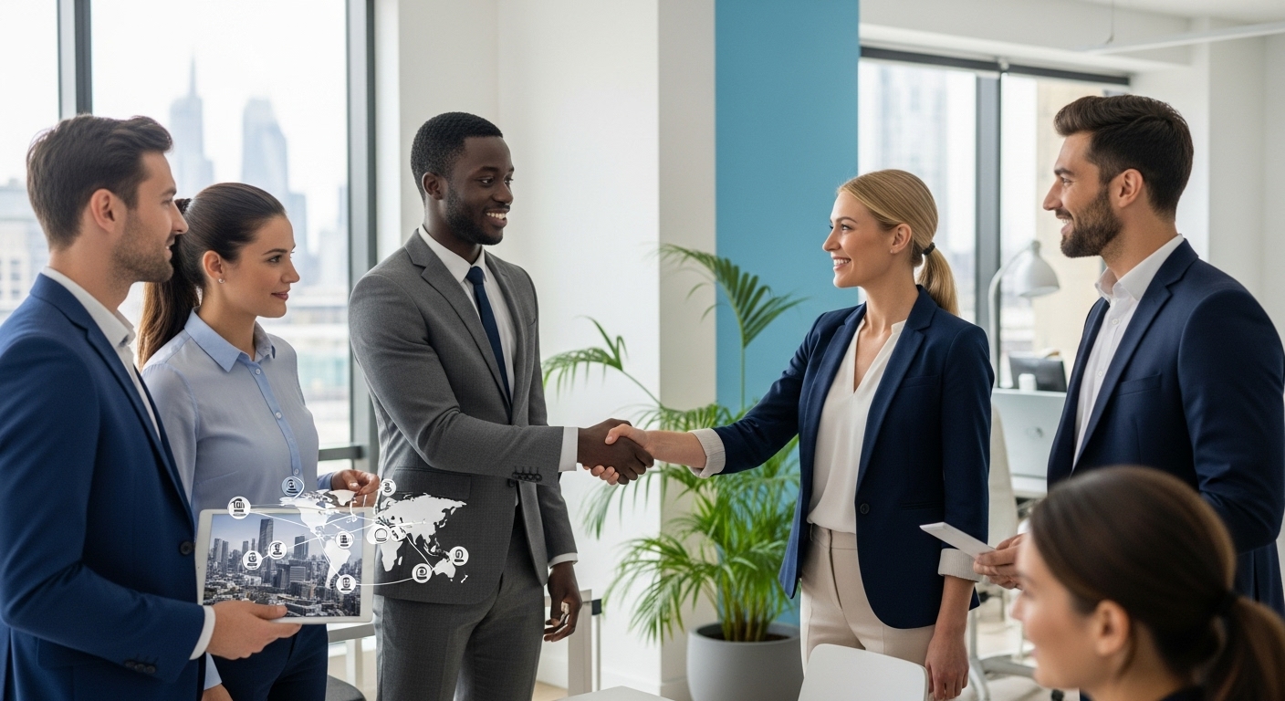 A professional, diverse group of business people shaking hands in a bright, modern UK office, with a digital interface showing global business connections, photorealistic