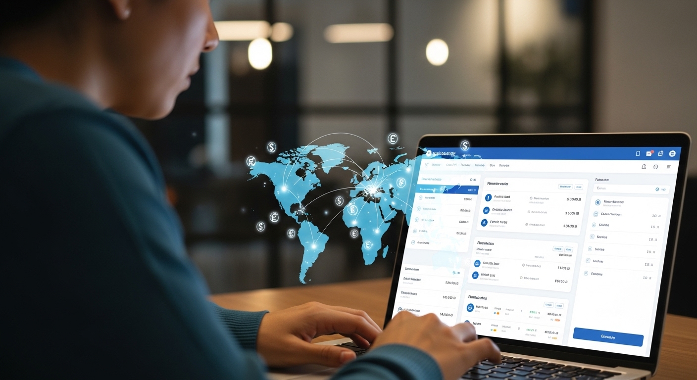 A person with a laptop, looking at a digital banking interface, with a subtle overlay of a world map and currency symbols, depicting ease of international online banking. Photorealistic, soft lighting.