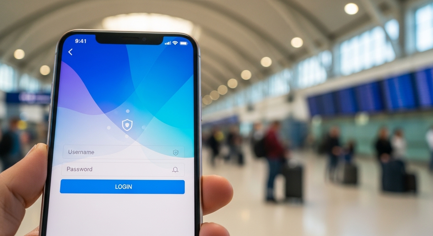 A close-up shot of a modern smartphone displaying a secure banking app interface with a login screen, set against a blurred background of a bustling international airport terminal, emphasizing secure remote access. Photorealistic, vibrant colors.