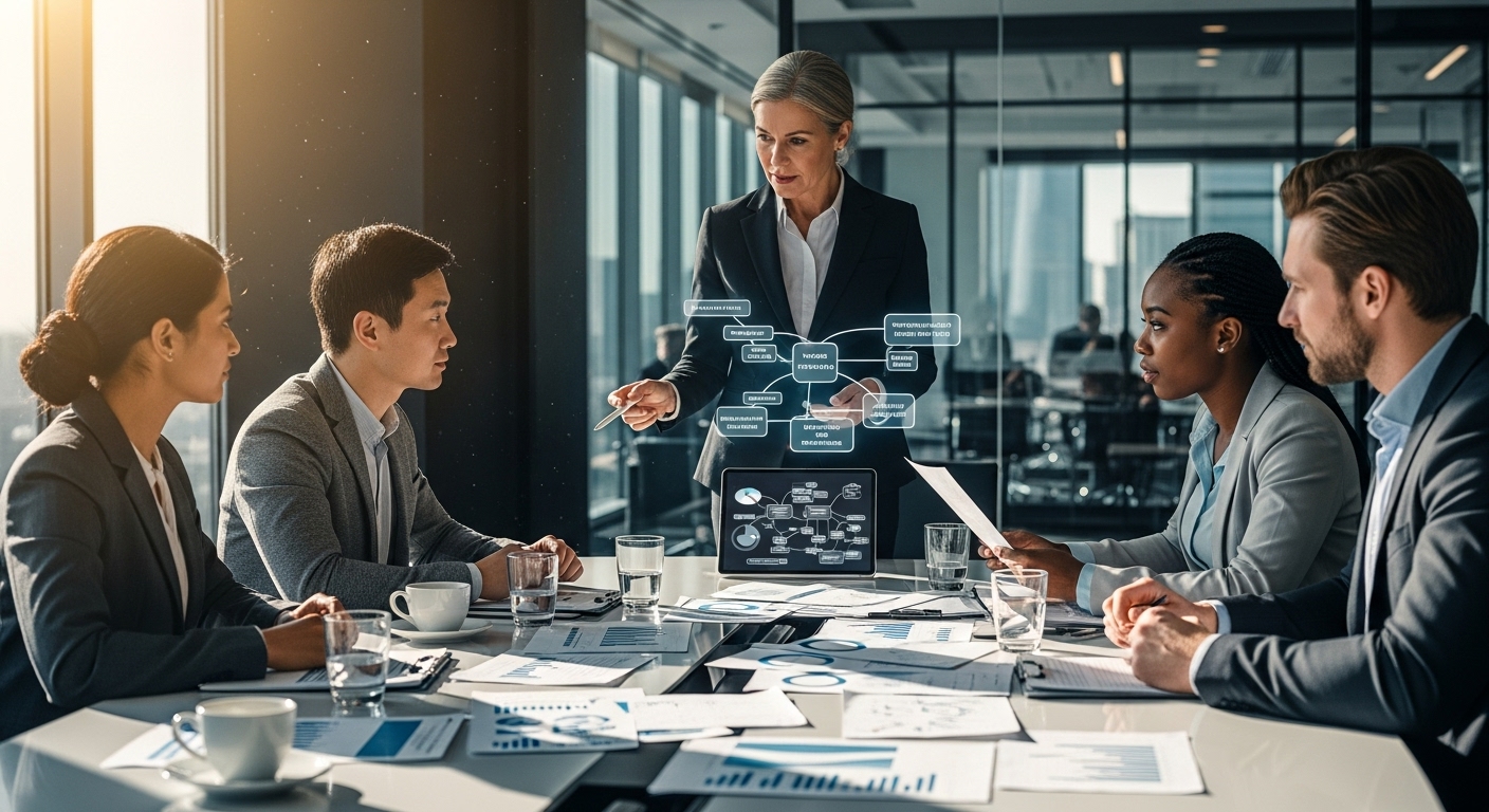 A diverse group of people from different countries sitting around a table, looking at documents with graphs and numbers, while a financial advisor explains complex international tax regulations on a tablet. The setting is a modern, bright office, photorealistic, cinematic lighting.