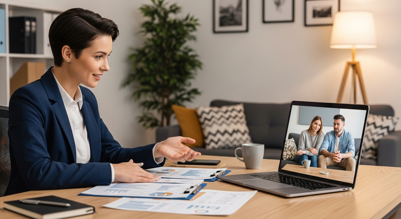 A professional female accountant in a business suit is explaining complex financial documents to a young expat couple via a video call on a laptop. The couple is at home, looking attentive and relieved, photorealistic, warm lighting, natural expressions.