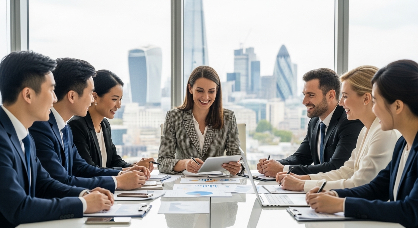 A diverse group of expat professionals from various countries, smiling and engaged, sitting around a modern conference table with a friendly female financial advisor, reviewing financial documents and discussing global investment strategies. The office has large windows overlooking a London cityscape. Photorealistic, soft lighting.