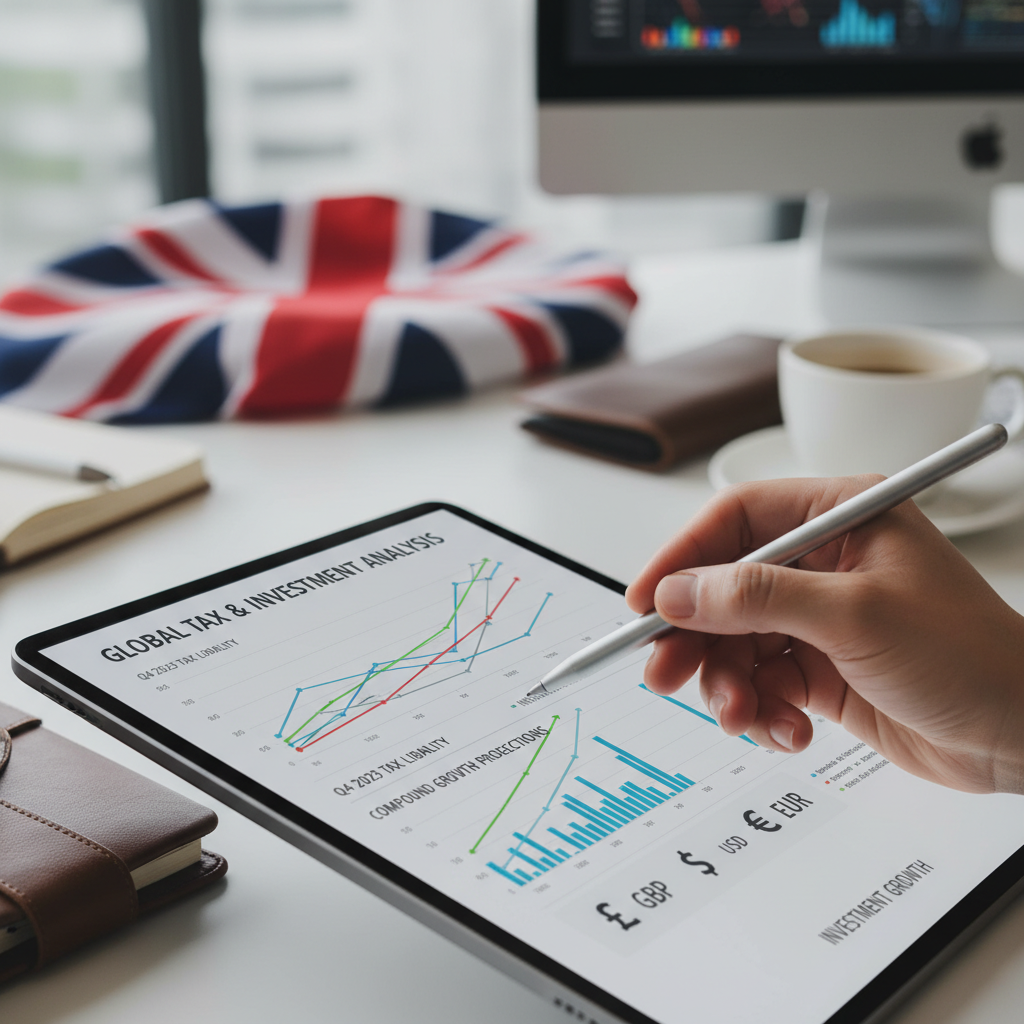 A close-up, high-angle shot of a hand holding a pen, pointing at a detailed financial graph displayed on a tablet screen, with various currency symbols (GBP, USD, EUR) and a blurred UK flag in the background. The graph shows complex tax calculations and investment growth curves. Photorealistic, professional office setting.