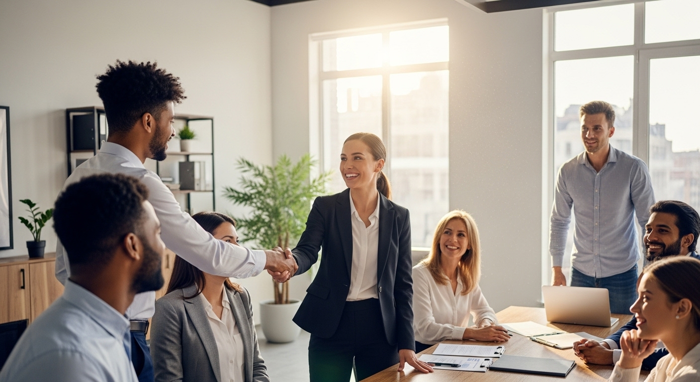A diverse group of people from different backgrounds happily shaking hands with a professional-looking female lawyer in a modern, bright office. The scene is photorealistic and captures a sense of relief and success.