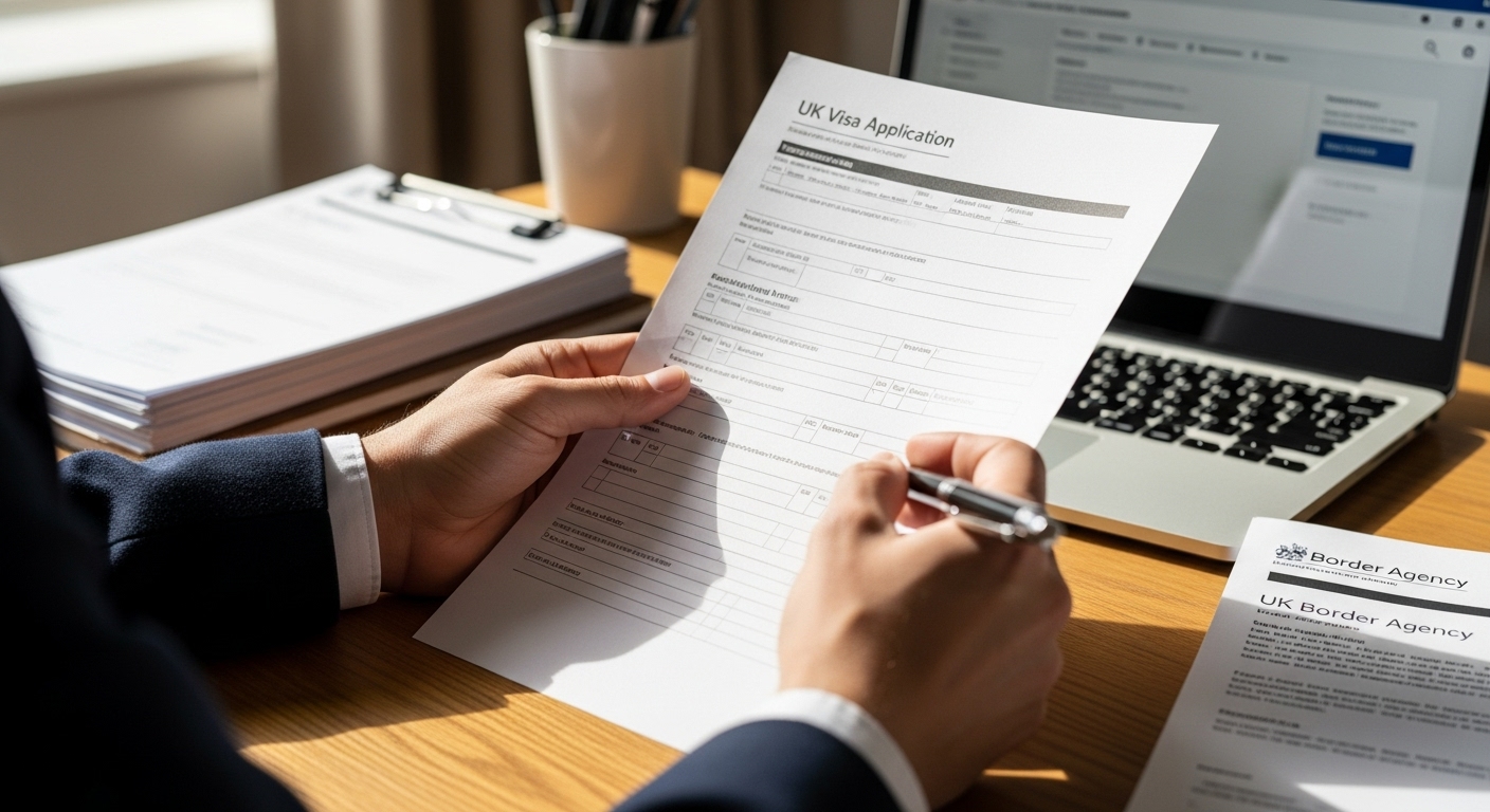 A detailed close-up of a person's hands holding a UK visa application form with a pen, surrounded by legal documents and a laptop, in a well-lit, organised home office setting. The lighting is soft and natural, emphasizing focus.