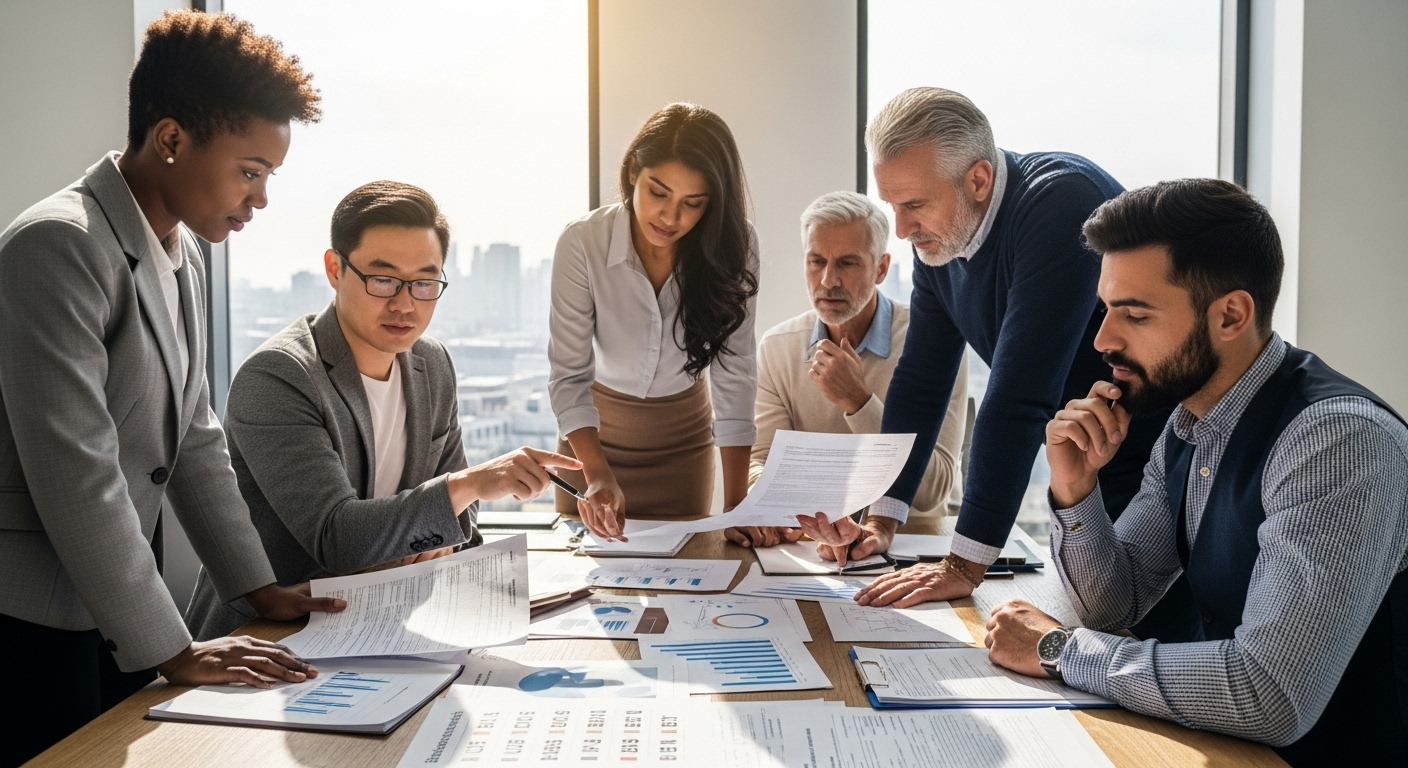 A diverse group of expat professionals in a modern, sunlit office, looking thoughtfully at financial documents spread across a table, representing the complexities of overseas financial planning. Photorealistic, high detail.