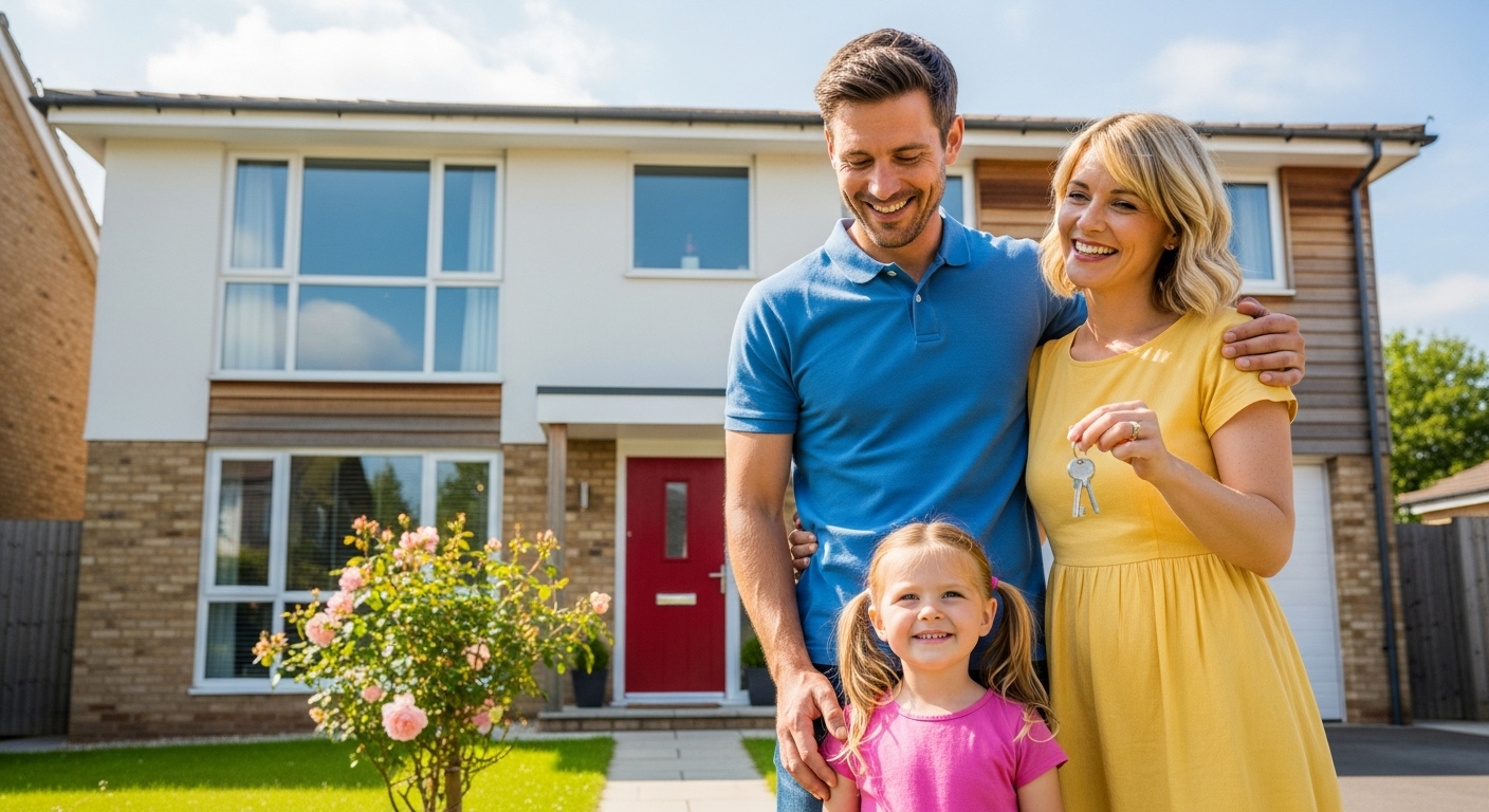 A happy expat family, including two parents and a child, standing proudly in front of a charming, modern suburban house in the UK, holding a set of keys. Sunny day, photorealistic.