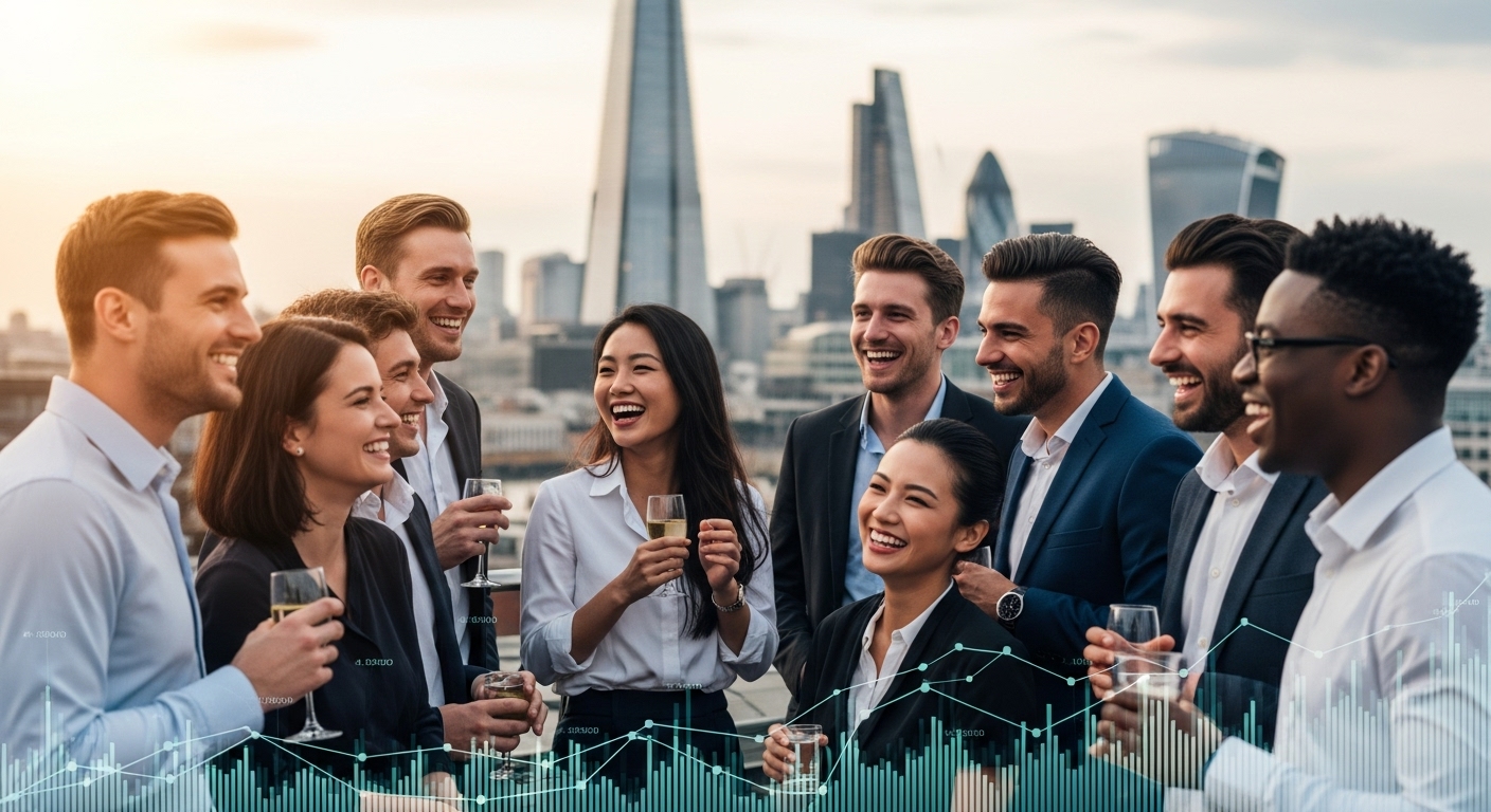 A diverse group of people (expats) interacting happily in a modern city setting (e.g., London skyline in the background), looking relaxed and confident, with a subtle overlay of abstract financial charts, symbolizing peace of mind after tax planning. Photorealistic, vibrant colors, slightly cinematic.