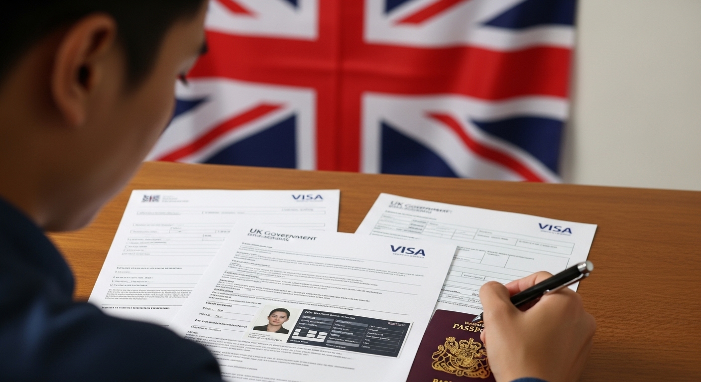 A person intently reviewing UK visa application documents, a pen in hand, with a blurred Union Jack flag in the background, symbolizing the application process. Photorealistic.