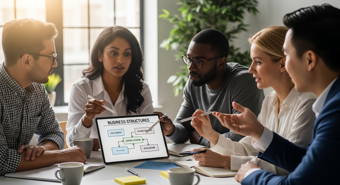 A close-up shot of a diverse team of entrepreneurs collaboratively brainstorming business structure options, with a digital tablet displaying a flowchart of 'Sole Trader', 'Limited Company', 'Partnership', set in a modern, sunlit office. Photorealistic.