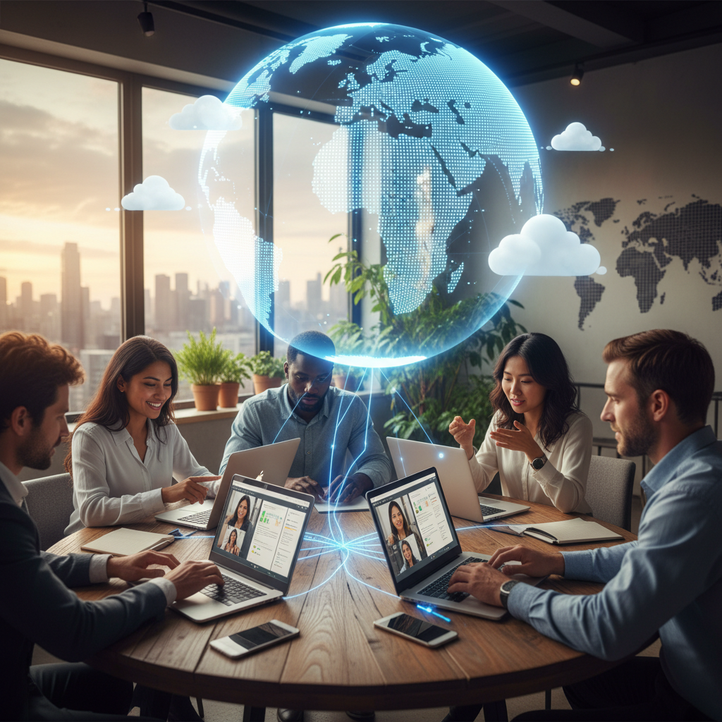 A diverse group of expat business owners from different countries collaborating virtually on laptops and tablets, with a globe overlay and cloud icons, symbolizing global connectivity and technology. Photorealistic, soft lighting.