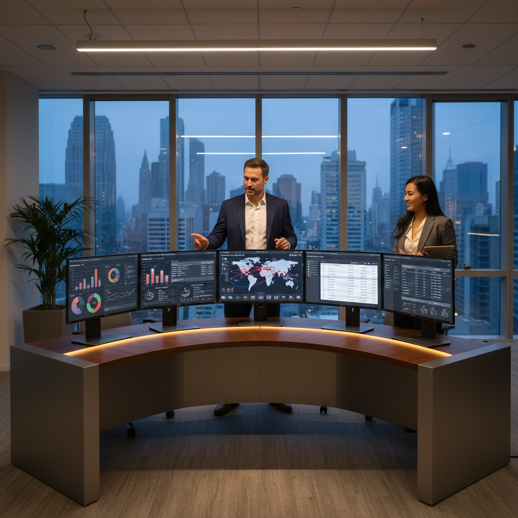 A sleek, modern office setup with multiple screens displaying CRM dashboards, graphs, and international maps. Two business professionals, one male and one female, are having a relaxed discussion, pointing at a screen, embodying effective business management. Photorealistic, professional lighting.