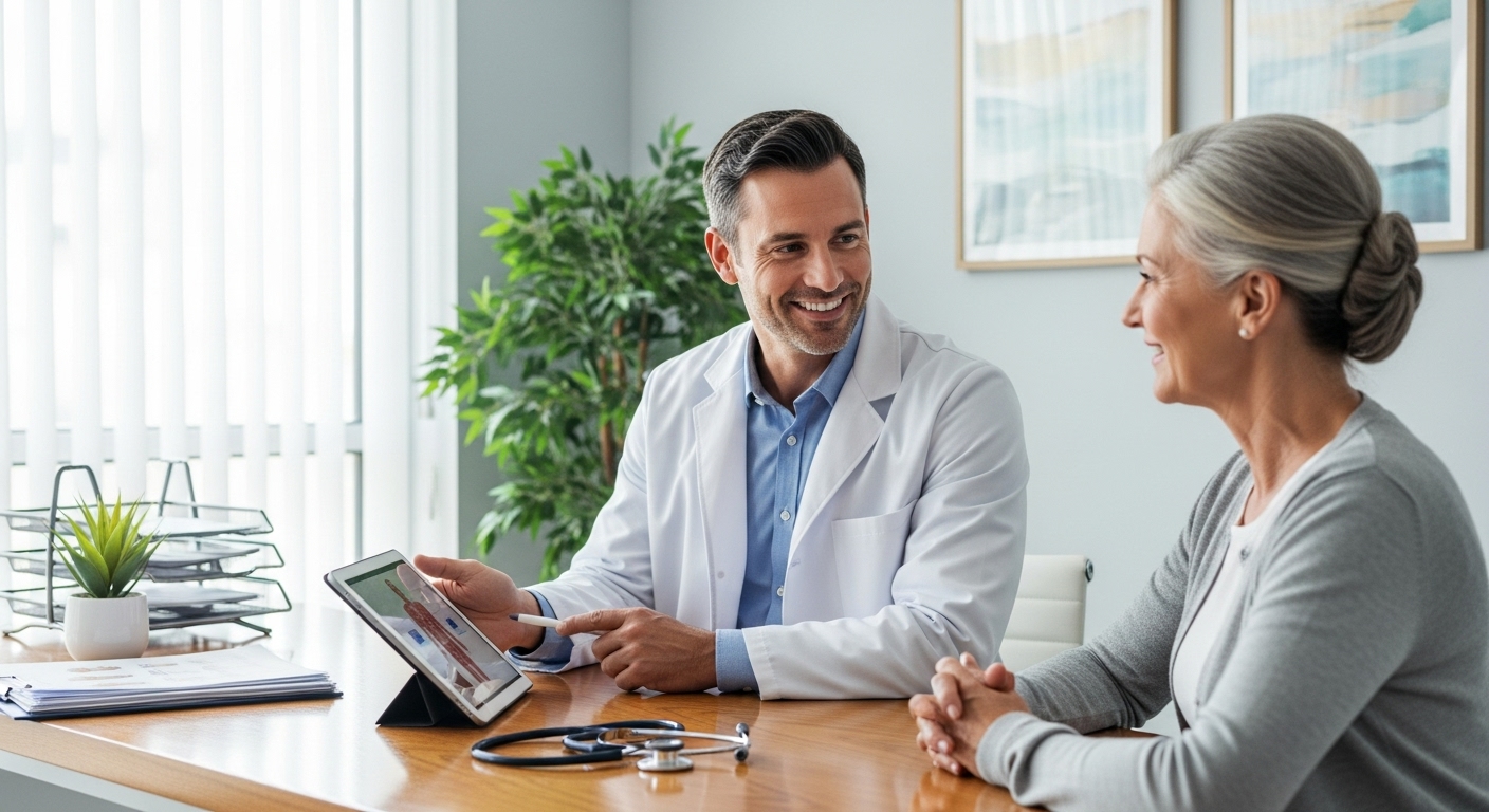 A professional doctor in a modern, private clinic setting is explaining something to a patient with a reassuring smile. The clinic is well-lit and clean, suggesting high-quality care. Photorealistic.