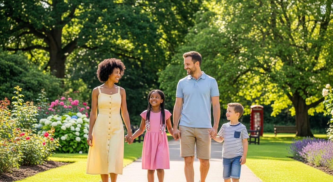 A diverse expat family (mother, father, and two children) smiling warmly, walking together in a beautiful, green British park on a sunny day. They look healthy and happy, symbolizing security and well-being. Photorealistic.