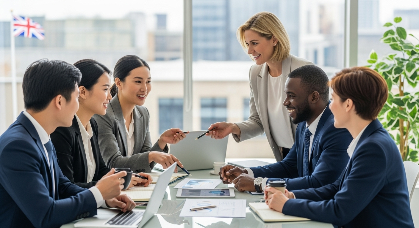 A diverse group of international entrepreneurs, dressed in smart casual business attire, smiling and collaborating around a modern glass table in a bright, contemporary office setting. A subtle UK flag can be seen in the background. Photorealistic, soft natural lighting.