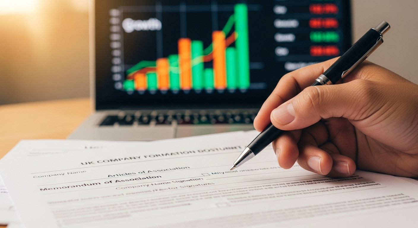 A close-up shot of a hand holding a pen, poised over official UK company formation documents, with a laptop displaying a financial graph in the background, symbolizing financial planning and official registration. Photorealistic, sharp focus.