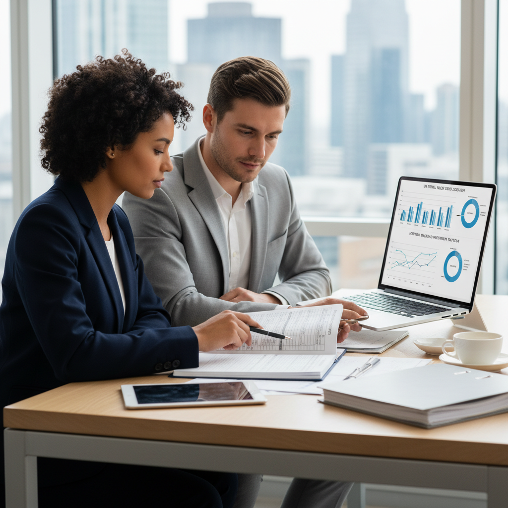 A professional, diverse couple sitting at a modern desk, reviewing financial documents and a laptop with charts related to UK property investment, looking focused and calm. The setting is bright and professional.