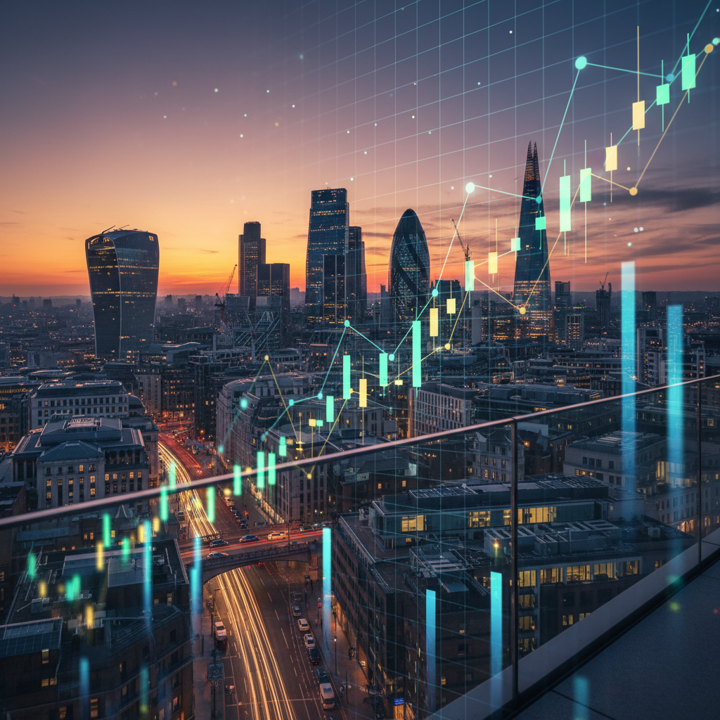 A bustling, modern UK city skyline at sunset, with a subtle overlay of abstract financial graphs and charts, representing growth and investment opportunities. High detail, photorealistic.